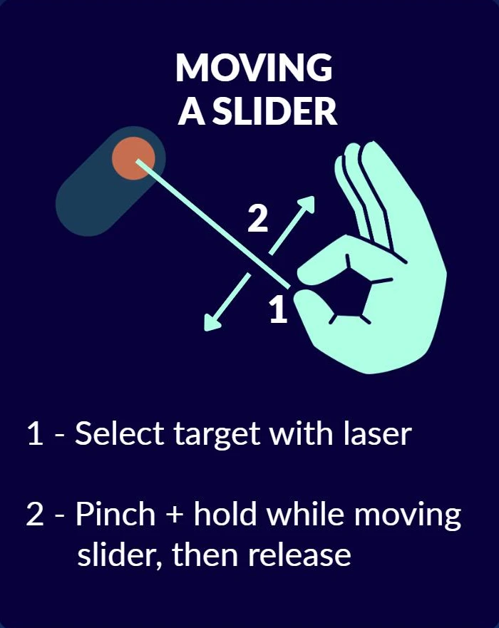 Moving a slider: 1, select target with laser. 2, pinch and hold while moving the slider, then release.