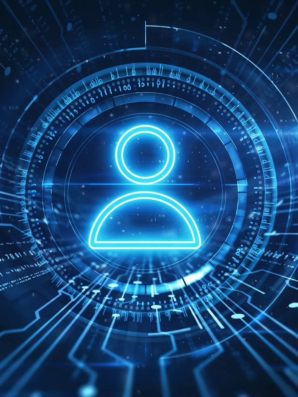 A glowing digital human profile at the center of an AI data field